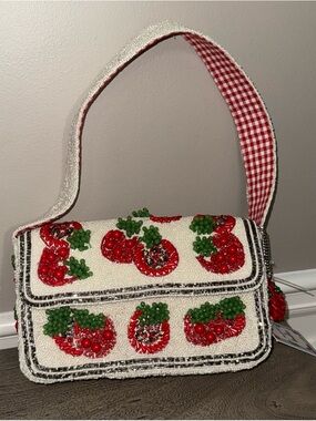 Handcrafted in India Beaded Gingham Tomato Shoulder Bag Beige Red Green NWT